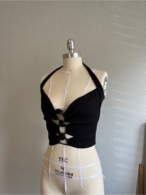 Minor Star Black Halter Crop Top with Rose Detail